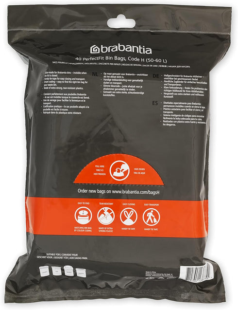 Brabantia PerfectFit Trash Bags, Size H/13.2-16 Gal, Thick Plastic Liners with Drawstring Handles, 40 Bags