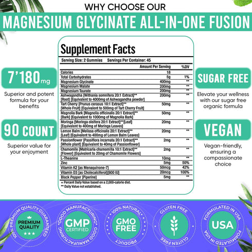 90ct 15-in-1 Pure Magnesium Glycinate Gummies 400 mg/serv- with Magnesium Taurate, Magnesium Malate, Ashwagandha, Tart Cherry, Magnolia Bark. Glicinato de Magnesio for Calm Sleep Aid & Stress Relief*