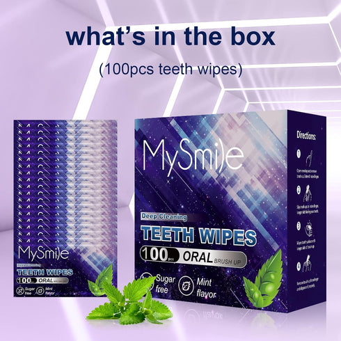 MySmile 100pcs Teeth Wipes, Mint Flavor, Disposal Finger Brush for Deep Cleaning