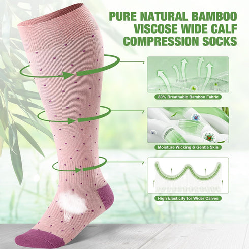 LIKAWEN 2 15-20 mmHg Pairs Bamboo Plus Size Compression Socks Wide Calf for Women and Men Knee High Support Stockings
