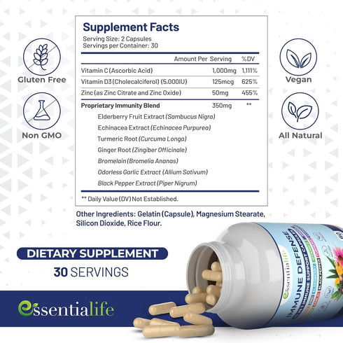 10 in 1 Immune Support Supplement - Elderberry, Echinacea, Vitamin D, Vitamin C 1000mg & Zinc Supplement - Take Charge of Your Health with Immune Booster for Adults - 60 Vitamins Capsules