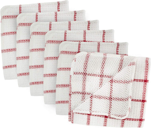 DII Windowpane Dishrag Set, Scrubber Dishcloths Collection, 12x12, White/Red Stripe, 6 Piece