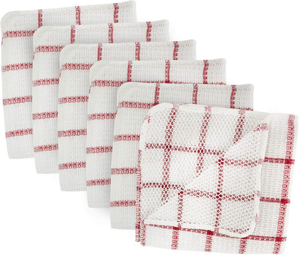 DII Windowpane Dishrag Set, Scrubber Dishcloths Collection, 12x12, White/Red Stripe, 6 Piece