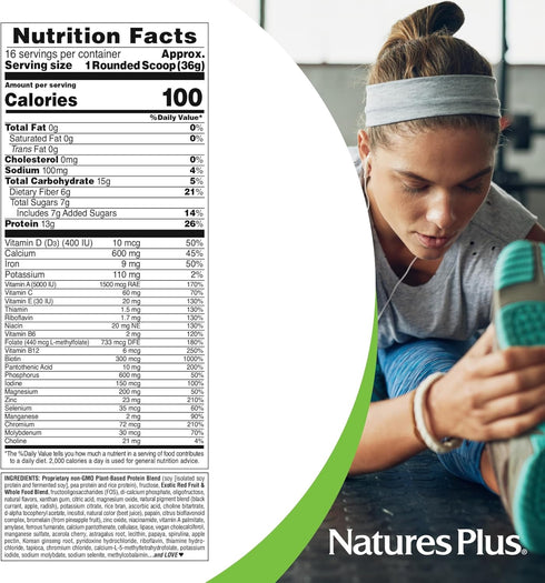 NaturesPlus FRUITEIN Exotic Red Fruit Shake - 1.3 lbs, 13 Grams Plant-Based Protein Per Serving - 16 Servings