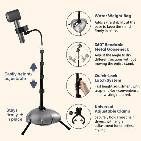 Hugabow 360 20-65 Inch Hair Dryer Stand - Rotating Universal Holder, Adjustable, Hands Free for Pain Relief