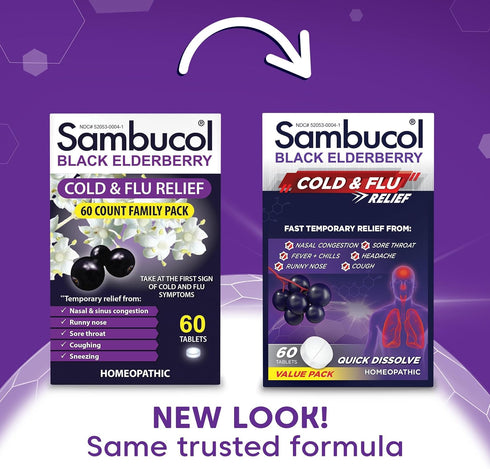 Sambucol Cold and Flu Relief Tablets - Homeopathic Cold Medicine for Adults, Black Elderberry, Zinc Cold Remedy
