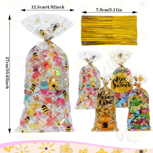 Ymapinc 50Pcs (4 Bee Gift Bag with Handles, Plastic Clear Handle Bags for Favors, Honey Bee Bags, Yellow Bag for Bees