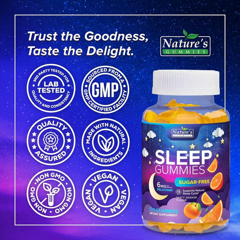 Sugar Free Sleep Gummies for Adults, 120 Gummies, Extra Strength 6mg Melatonin, Vegan, Non-GMO, Sleep Support