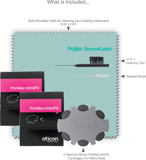 Oticon Prowax Minifit Replacement Wax Filters for Hearing Aids with Puget SoundLabs Brush, Cleaning Cloth Kit (2 Pack)
