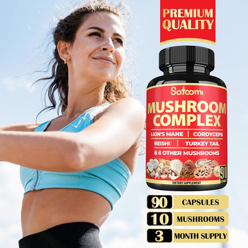 Satoomi 90 Capsules - 10in1 Turkey Tail Supplement with Lions Mane, Reishi Mushroom & Others for 90 Days