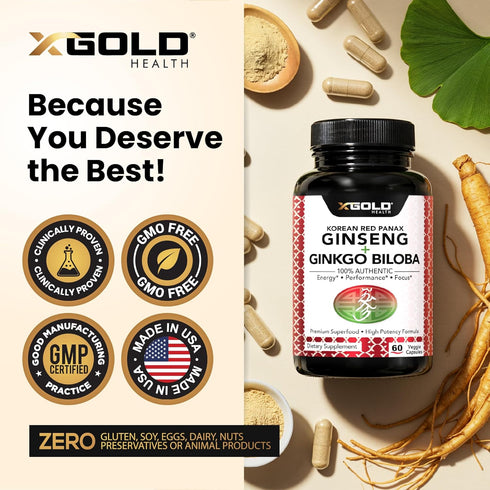 Korean Red Panax Ginseng 1200mg + Ginkgo Biloba Extra Strength Vegan Capsules for Energy, Performance & Focus