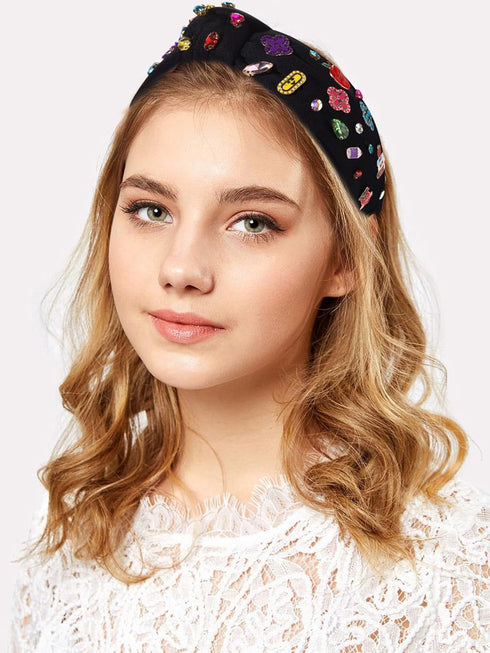 Teacher Headband Accessories, Colorful Rhinestone Crystal Jeweled Black Wide Top Knot Headband