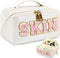 Large Capacity Travel Cosmetic Bag - Synthetic Leather Open Flat Makeup Bag with Dividers and Handle