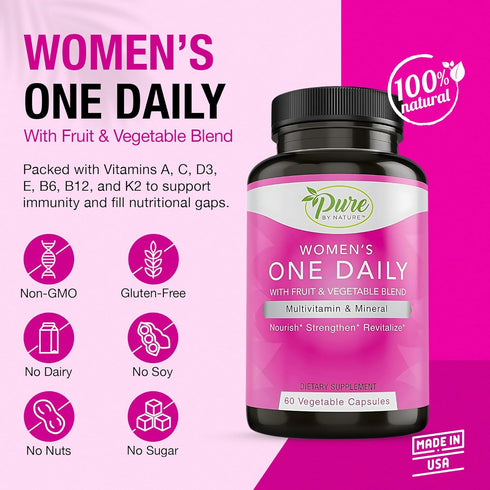 Pure By Nature One-Daily Multivitamin for Women, Immune Support Supplement, 60 Veggie Capsules