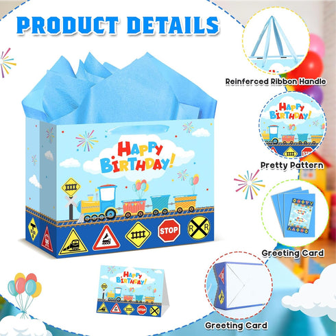 Wayyogh Train Birthday Gift Bag with Greeting Card Tissue Paper Large Train Birthday Wrapping Paper Bags Party Favor