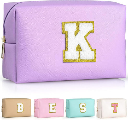 Initial Cosmetic Bag, PU Leather Waterproof Travel Toiletry Bag, Monogrammed Gifts for Women, Purple K