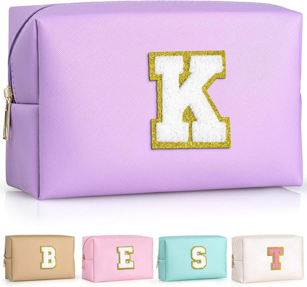 Initial Cosmetic Bag, PU Leather Waterproof Travel Toiletry Bag, Monogrammed Gifts for Women, Purple K