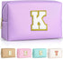 Initial Cosmetic Bag, PU Leather Waterproof Travel Toiletry Bag, Monogrammed Gifts for Women, Purple K