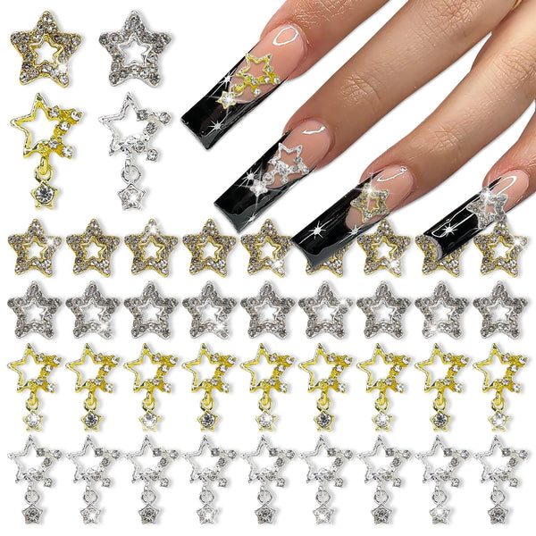 YECIRALA 40 Pcs Star Nail Charms, 3D Gold Silver Rhinestones and Gems for Acrylic Nails DIY Crafts Supplies