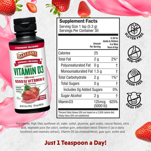 Pack 2 D3 5000 5.6 oz Barlean's of Vitamin Liquid Supplement for Kids and Adults, IU Vitamin D, Strawberry Milkshake