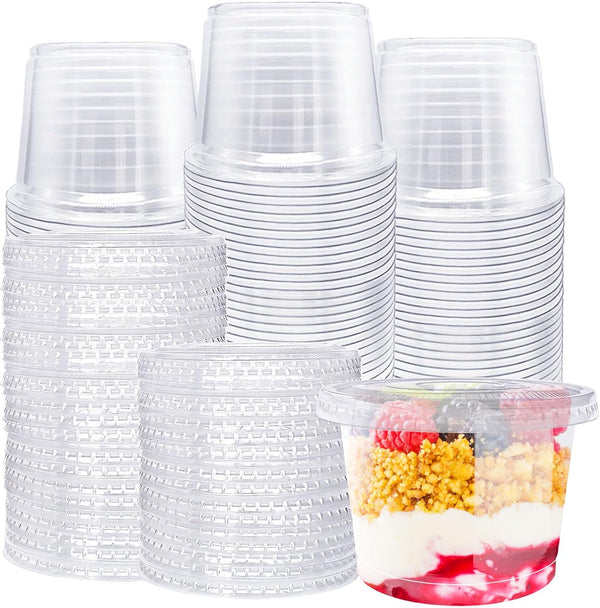 100 Pack 8oz Disposable Plastic Cups with Flat Lids, Clear Crystal Cups for Desserts and Cold Drinks