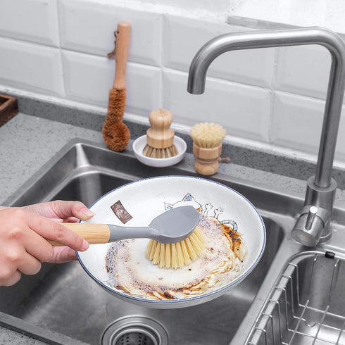 VRUPINZE 4-Piece Set, Natural Bamboo Dish Brush Bottle Scrub Brush with Ceramic Soap Dispenser - Wooden Washing Up