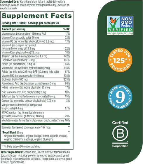 MegaFood Kids One Daily - Kids Vitamins - With Vitamin B, Vitamin C, Vitamin D & Zinc - Bone Health & Immune Support Supplement - Non-GMO, Vegetarian, Made Without 9 Food Allergens - 30 Mini Tabs