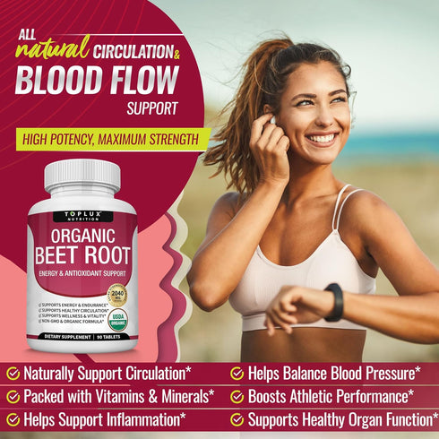 Organic Beet Root Powder Tablets, 2040mg Natural Nitric Oxide Beets, Energy Support, 90 Tablets