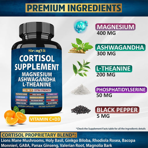 StrongVit Cortisol Supplements for Women and Men with Magnesium, Ashwagandha & L-Theanine. High Cortisol Reducer