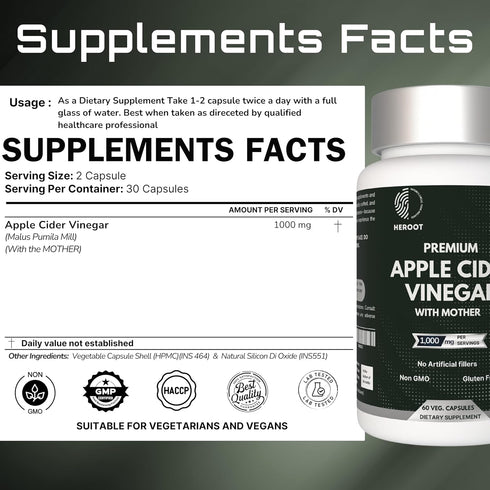 Heroot 500mg 120 Apple Cider Vinegar (ACV) Non-GMO, Gluten Free Supplement | Capsules