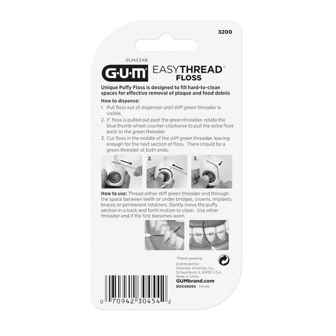 GUM EasyThread Threader Floss, Expanding Dental Floss for Braces, Bridges, and Implants, Built-in Rigid Threaders (6pk)
