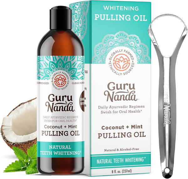 GuruNanda Coconut & Peppermint Oil Pulling, 8 Fl.Oz, Alcohol Free Mouthwash, Fresh Breath, White Teeth & Healthy Gums