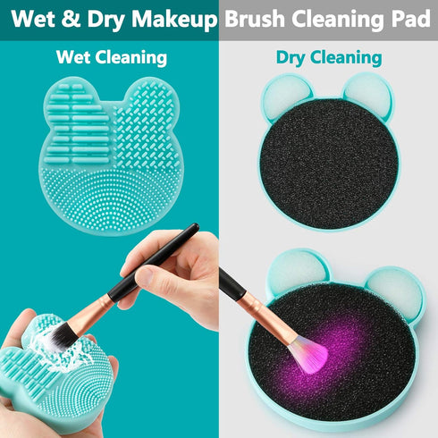 TailaiMei 2 Pack Makeup Brush Cleaning Mat with Color Removal Sponge, 2 in 1 Silicone Cleaner Pad, Blue & Green