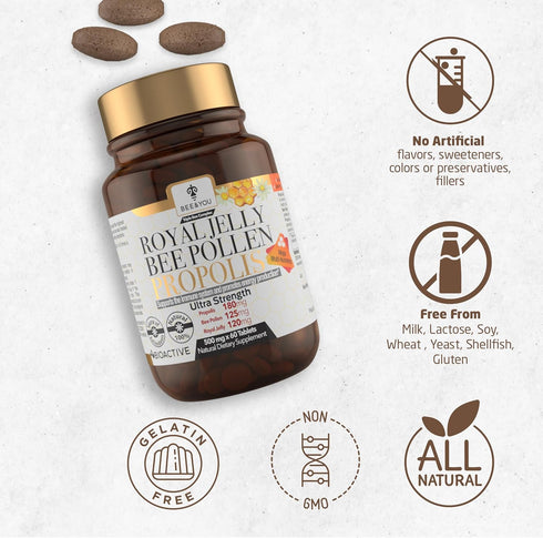 BEE and YOU Royal Jelly Tablet, Propolis Extract, Bee Pollen, 60ct Natural Superfood for Immune Support