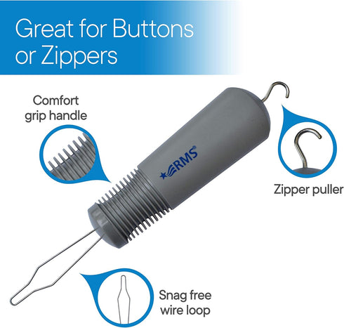 RMS Button Hook with Zipper Pull - Comfort Grip Button Assist Device for Limited Dexterity (Grey)