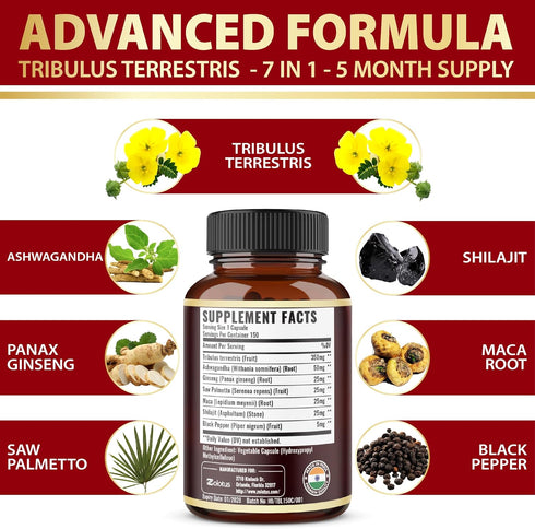 Tribulus Terrestris Supplement for Men & Women, 5-Month Supply with Ashwagandha, Panax Ginseng, 150 Count