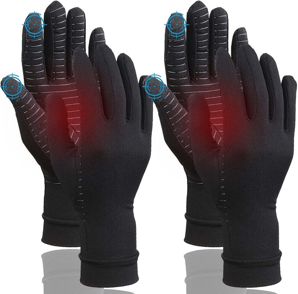 2 Pairs Full Finger Compression Gloves for Women and Men - Copper Arthritis Gloves with Touchscreen Tips (Large)