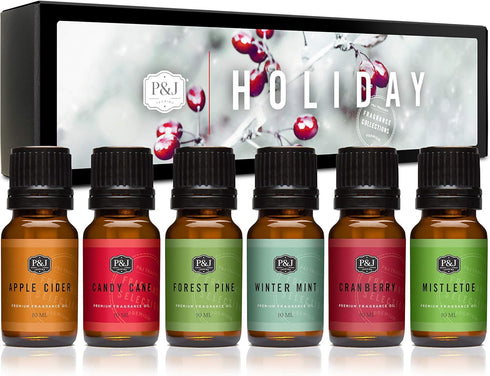 P&J Fragrance Oil Holiday Set - Mistletoe, Candy Cane, Wintermint, Apple Cider, Cranberry, Forest Pine Candle Scents
