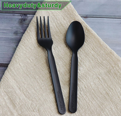 200 Count Heavy-duty Compostable 100 Forks and 100 Spoons, BPI Certified,Large Cutlery Set,Alternative to Plastic Utensils