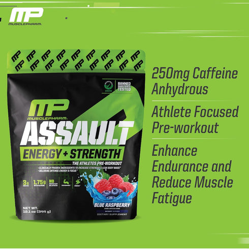 Muscle Pharm Assault Pre Workout Powder for Men & Women - Energy & Strength with Beta Alanine, 30 Servings, Blue