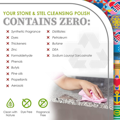 Stone & Steel Cleansing Polish Starter Kit, 16oz Spray Bottle with 2 Refills for Quartz, Marble, Granite