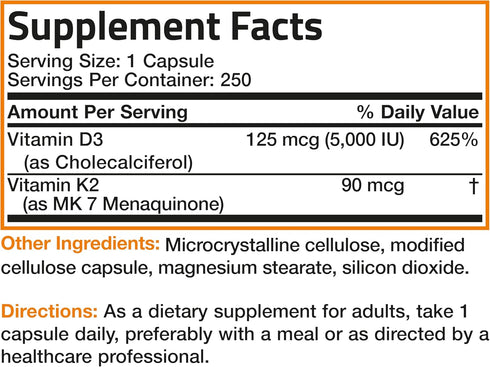 Bronson Vitamin K2 (MK7) with D3 Supplement - 5000 IU Vitamin D3 & 90 mcg Vitamin K2 MK-7, 250 Capsules