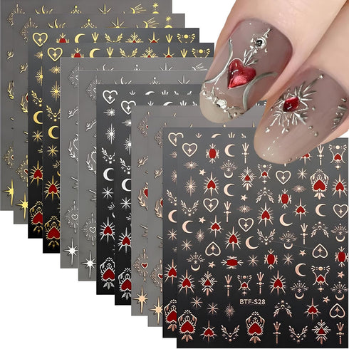 12 Sheets Star Nail Stickers, 3D Self-Adhesive Gold Silver Moon Heart Design for Nail Art Decoration Accessories