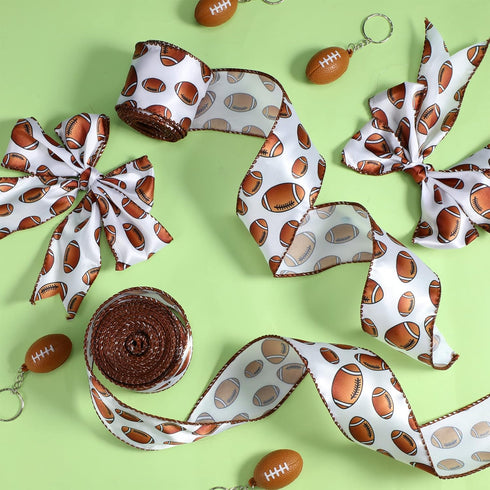 Football Wired Ribbon, 2 Rolls 20 Yards, 2 Inches Wide Football Printed for DIY Crafts, Wreath Bow Package Wrapping