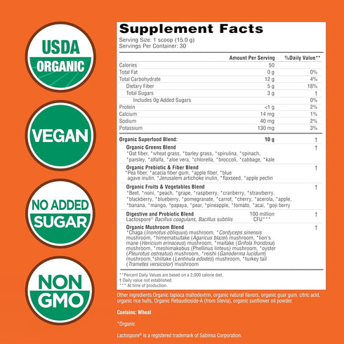 COUNTRY FARMS Super Greens Pineapple-Mango Flavor, 50 Organic Super Foods, USDA Organic Drink Mix (Wheat Grass, Spirulina, Chlorella) Mushrooms & Probiotics, Natural Energy, 30 Servings