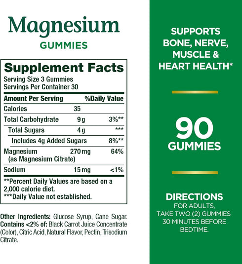 Nature's Bounty Magnesium Citrate Gummies for Adults, Supports General Health, Bone, Nerve, Muscle & Heart Health Support, 270mg per Serving, Vegan, Non-GMO - Raspberry 90 Count