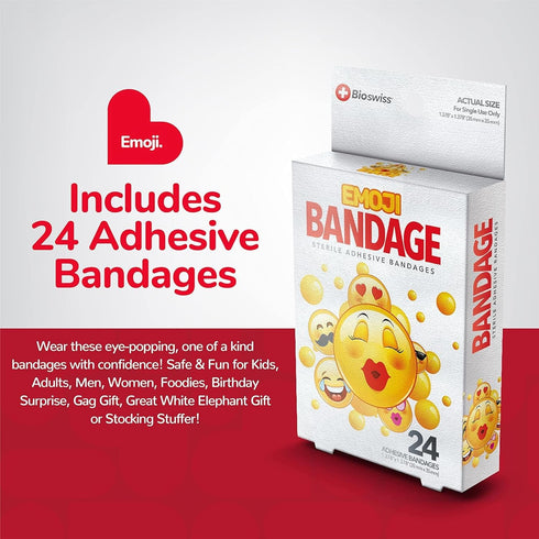 BioSwiss Bandages, Emoji Shaped Self Adhesive Bandage, Latex Free, 24 Count, Fun First Aid Kit Supplies for Kids