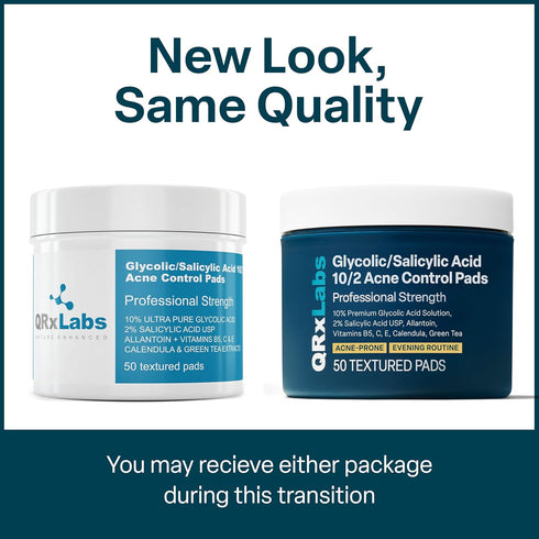 QRxLabs Salicylic & Glycolic Acid Acne Control Pads, 50 Count Jar, Bacne Treatment with Vitamins B5, C & E