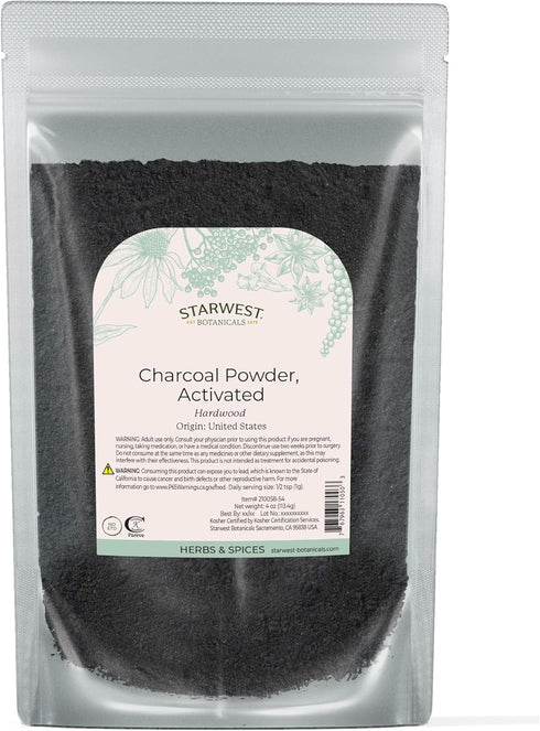Starwest Botanicals Activated Hardwood Charcoal Powder, Food Grade, 4 oz Bag for Teeth Whitening & Skin Care