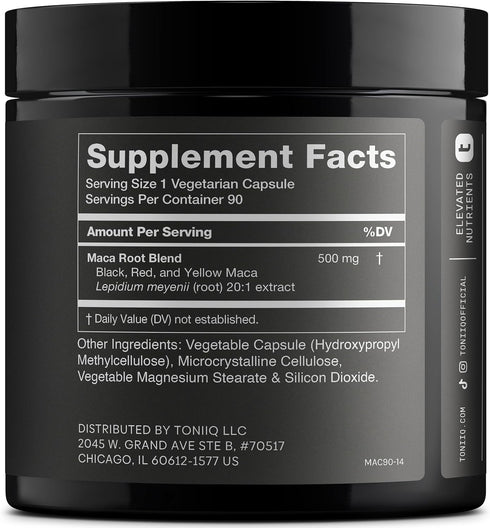 Toniiq 20:1 90 Maca Root - Ultra High Potency Extract - Black, Red and Yellow Maca Complex - Single Origin, Wildcrafted